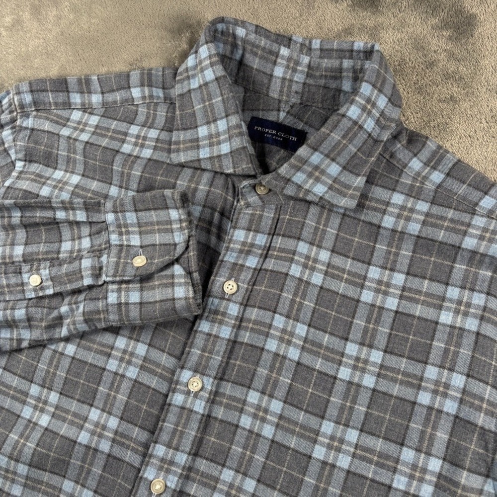 Proper Cloth Shirt Mens 16 Blue Plaid 100% Cotton Long Sleeve Dress Shirt